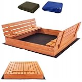 Premium Sandkasten 140x140 cm Imprägniert inkl. Video Anleitung für Montage Sandbox mit Abdeckung Sitzbänken Deckel Plane Sandkiste, Holz Sandkastenvlies 150x150 XXL