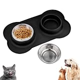 Futternapf Hunde Katzen, Fressnapf Hundenapf Kleine Hunde Napfset, Edelstahl Katzenapf Wassernapf Hund mit Nicht Kleckern, mit 1 Hundenapf Unterlage rutschfest Silikon Tablett Matte(36 x 21 cm)