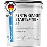 simpleBAU Spachtelmasse Weiß Innen 1,5 kg – Gebrauchsfertige Fertigspachtel für Wand & Decke, Polymer-Spachtelmasse Start&Finish – Glätten, Füllen & Reparieren, Staubfrei & Leicht Schleifbar