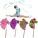 MaoNativey 4 Stück Tanzbänder, Gymnastikband Turnband Regenbogen Band Wirbelband Taktstock mit Twirling auf Stab, für Kinder, Fitnessstudio, Training, Zirkus, 2 m