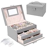Schmuckkasten, Schmuckkästchen mit Schubladen für Damen Mädchen, PU-Leder Schmuckbox Schmuckschatulle Groß Schmuck Organizer für Ringe Ohrringe Armbänder Halsketten, Grau