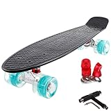 FunTomia 57cm Mini-Cruiser Board Skateboard mit oder ohne LED Leuchtrollen inkl. Aluminium Truck, ABEC-9 Kugellager und T-Tool (Schwarz mit Petrol LED Rollen)