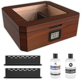 CASE ELEGANCE MAG Desktop-Humidor, Walnuss-Finish, fasst 20–30 Zigarren, Glasplatte mit Magnetverschluss, achteckige Form, digitales Hygrometer, spanisches Zedernbraun