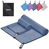 HEETA Microfaser Handtücher Set 2 Stück (80x40cm + 180x90cm) -Weich Schnelltrocknende Handtücher für Fitness, Yoga und Outdoor-Aktivitäten, Microfiber Towel mit Aufbewahrungsbeutel, Navy blau