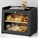 Bambus Brotkasten mit Belüftung, Großer Brotaufbewahrungsbehälter, 2 Regale und Sichtfenster, Holz Brotbehälter für Hörnchen, Brötchen, Brotaufbewahrung. 39 x 24 x 33 Brotbox - Selbstmontage,Black