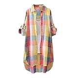 Karierte Bluse Damen Oversize Langarm Shirt Lang Knopfleiste Hemd Lose Frühling Sommershirt Blusenshirt Oberteile Tunika Große Größen Tops T-Shirts & Blusen für Frauen Übergröße Longbluse