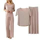 Schlafanzug Damen Kurz,Damen Schlafanzug Eisseide 2 Stück Outfits Sommer Casual Loose Kurzarm Tops & Breite Beine Hosen Sets Trainingsanzug Zweiteiler Musselin Loungewear Set (02 Khaki, L)