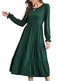 KOJOOIN Damen Lange Kleid Langarm Maxikleid Elegant Rüschen Freizeitkleider Einfarbig Rundhalsausschnitt Boho Herbst Kleider Dunkelgrün M