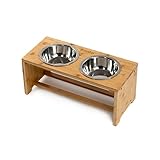 lionto erhöhter Hundenapf aus robustem & pflegeleichtem Bambus, 44x20x19 cm, doppelter Futternapf für Hunde & Katzen, 2 Edelstahlnäpfe Ø 14 cm & je 550 ml Fassungsvermögen, rutschfest & gelenkschonend