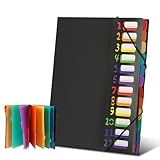 Dokumentenmappe A4, Fächermappe mit 12 Fächern, Bunte Etiketten Sortierordner Mappe, Wasserdicht, Kapazität Unterschriftenmappe A4 mit Gummizug, für Schule, Zuhause, und Auf Bürobedarf (Schwarz)