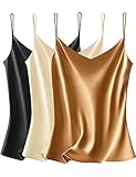 VIDUSSA 3er Pack Damen Satin Cami Tank Top Basic Shirt V-Ausschnitt Ämellose Blusen Seidentop Oberteile Schwarz+Champagner+Khaki M