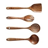 Holzlöffel zum Kochen, glatte Oberfläche, Holz-Kochgeschirr, sichere natürliche Holz-Kochlöffel, 4er-Set, Antihaft-Löffel, Akazienholz-Utensilien, Kochspatel, Pfannenwender, Schlitzlöffel, flaches