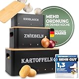 KM-Shop Aufbewahrungsbox [3er Set] für Kartoffeln, Zwiebeln und Knoblauch- Aufbewahrung mit Lüftungslöchern - Hält Gemüse lange Frisch- Kartoffelbox, Zwiebelbox und Knoblauchbox - schwarz