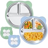 Yoassi 2 Stück Edelstahl Baby Teller mit Saugnapf, Silikon Kinderteller, Saugnapfteller Babyteller Babygeschirr für Babys und Kleinkinder, geteilte Teller, Abnehmbare Silikonhülle, Spülmaschinenfest