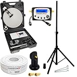 PremiumX Camping Satelliten-Anlage Mobile Antenne im Koffer Single LNB TV SAT-Finder 10m Koaxial-Kabel F-Stecker Dreibein Stativ