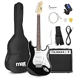 Max GigKit E Gitarre Set, E Guitar, Elektrogitarre mit Verstärker 40 Watt, Gitarrentasche, Plektrum, Gurt, Stimmgerät, Instrumentenkabel, Ersatzsaiten, 4/4, in Schwarz