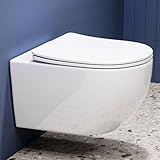 Hänge WC Spülrandlos WC Set aus Keramik-Hängetoilette mit Softclose WC-Sitz-Wand WC mit Lotus Effekt Nano Beschichtung-Hänge WC Spülrandlos-Kloschüssel für Bäder