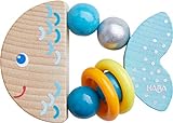 HABA 305582 - Greifling Klapperfisch, Babyspielzeug aus Holz für Kinder ab 6 Monaten in Fischform zur Förderung der Feinmotorik und Wahrnehmung, Greifring in blau für Babys mit Klapper-Effekt