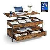 VASAGLE Couchtisch, höhenverstellbarer Wohnzimmertisch, Kaffeetisch, mit Schubladen, offenes Fach, 50 x 100 cm, vintagebraun-tintenschwarz LCT209K01