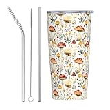 Becher mit Pilzblumen-Druck, mit Deckel und Strohhalm, isoliert, Edelstahlbecher, personalisierbar, Reisebecher, Wasserflasche