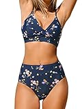 CUPSHE Damen Bikini Set Crossover V Ausschnitt High Waist Bikini Bademode Wickeloptik Blümchenmuster Zweiteiliger Badeanzug Swimsuit Marineblau/Blumen XL