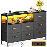 Coleshome Kommode mit Schubladen, mit Farbwechsel-LED-Streifen und 2 USB & 2 AC Ports Steckdosen, Komodenschrank mit 7 Stoffschubladen Geeignet für Schlafzimmer, Wohnzimmer, 132 * 30 * 89cm, Schwarz
