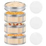 SHUESS Bambus Dampfgarer Topf 3-teilig mit Deckel Ø20cm – Dampfgargerät Bambus mit Silikonunterlagen – Stapelbarer Bambusdämpfer für Gemüse Dumplings Dim Sum Reis – Dampfkorb Set