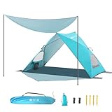 Dewur Dreieck Strandmuschel 2-4 Personen Pop Up Strandzelt mit Sonnensegel UPF 50+ UV Sonnenschutz Wasserdicht für Familien Strand Camping Garten, Blau