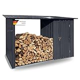Albatros Profi Gerätehaus M –Geräteschuppen mit Holzunterstand für 2,3m³ Holz, verzinktes Metall in Anthrazit (RAL 7016) | 266x127x161cm | wetterfester Gerätelager Gartenschrank