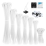 VFANDV Kabelbinder, 1000 Stück Kabelbinder Set Und 50 Klebesockel, 100/150/200/250/300 mm Halter für Kabelbinder in Weiß, Selbsthemmend Kabelbinder für Kabelmanagement, UV Beständig Gartenarbeit