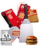 LEÓN Goods® : Grillspachtel Set [Edelstahl] Grill Spachtel/Plancha Spachtel (+20x Burger Papier) Teppanyaki Grillspachtel Edelstahl für Smash Burger, Fisch, Steaks UVM - rostfrei. (2-TLG.)