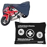 PETEX Motorrad Schutzgarage, Größe M: ca. 203 x 89 x 119 cm, blau und Motorrad Verbandtasche nach DIN 13167, schwarz - Set