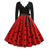 1950er Rockabilly Petticoat Kleid Damen Mittelalter Ballkleid Retro Swingkleid Cocktailkleid Tunikakleid mit Schleifenknoten Langärmliges Abendkleid mit V-Ausschnitt Tupfendruck Partykleid