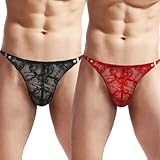 Anzhee 2er Pack String Spitze für Herren sexy Tanga Unterwäsche Männer Thong G-String Unterhosen Schwarz+Rot
