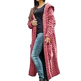 Damen Strickjacke mit Kapuze, lang, vorne offen, langärmelig, lässig, Zopfmuster, Oberbekleidung mit Taschen, rot, XL