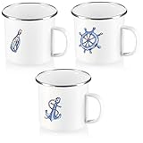 com-four® 3x Emaille-Becher - Trinkbecher aus emaliertem Edelstahl - Teepott - Kaffeetasse für Outdoor und Camping - 3-teiliges Becherset - spülmaschinengeeignet (weiß - maritim)