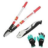 LINZI Teleskop Ratschen Amboss-Astschere Aluminiumgriff Robuste 660–970 mm + klappbare Astsäge Bügelsäge 250 mm + Gartenhandschuhe, Manuelle Gartenschere Schere Kit
