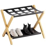 HITNET Gepäckablage, Faltbarer Kofferständer für Gästezimmer, Gepäckablage aus Bambus mit Stoffablage und Nylongurten für Hotels und Schlafzimmer, Natur