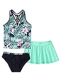 iEFiEL Mädchen Badeanzug 3tlg. Set Bikini Kinder Blumenmuster Tankini Neckholder Badetop Bikinihosen und Baderock Badekleid Outfits X Schwarz Lilie 170-176