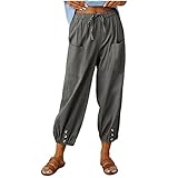 Leinenhose Damen 7/8 Lang Sommerhose Baumwolle Leinen Freizeithose Lässige Einfarbig Stoffhose Casual Loose Fit Strandhose mit Taschen Yogahose Elastische Taille Haremshose Caprihose