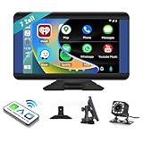 CAEMCHO Wireless Carplay Android Auto Tragbares Autoradio, 7 Zoll Tragbares Touch Bildschirm Display mit Bluetooth AUX/FM Sender/USB/Airplay/Mirror Link Commande Vocale+Rückfahrkamera für 7-32V Auto