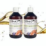 FRESCO Dog Premium Barf Öl für Hunde 1 Liter | Mix aus Hanföl, Lachsöl & Leinöl mit Omega 3 & 6 | Barföl hochdosiert & reich an Vitamin D & E | Abgefüllt in Deutschland (2x500ml)