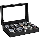 BBLTIFF Uhrenbox, Uhrenkoffer mit Herausnehmbaren Uhrenkissen, Uhrenkasten für 12 Uhren Aus PU-Leder, Uhrenaufbewahrung Uhren Aufbewahrungsbox mit Glasdeckel für Männer und Frauen (Schwarz)