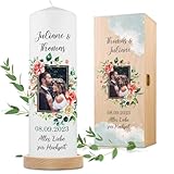 GRAVURZEILE Bedruckte Kerze - Hochzeitsfoto - Personalisierte Kerze mit eigenen Namen, Datum & Foto Bild - Geschenk zur Hochzeit an das Brautpaar - Hochwertige Stumpenkerze Weiß 250/80 mm