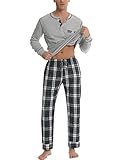 Litherday Schlafanzug Herren Lang Kariert Zweiteiliger Pyjamas Set mit Rundhals Nachtwäsche aus Baumwolle Winter Pyjama, Grau, L