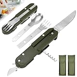 2 Stück Outdoor Bundeswehr Besteck 5 in 1 Campingbesteck Edelstahl Klappbesteck Messer Gabel Löffel Flaschenöffner Set Camping Reisebesteck Tragbares Besteck mit Gürteltasche für Picknick Reise