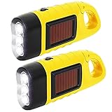 Handkurbel Wiederaufladbare Taschenlampe LED Taschenlampe, 2 Stück Solar LED Taschenlampe Kurbeltaschenlampe, Wasserdicht Torch Light Notlicht Freien Tragbar Camping Lampen mit Karabinerhaken (Gelb)