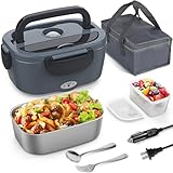 Vingud Elektrische Lunchbox, 3 in 1 Beheizte Lunchbox für Erwachsene, Tragbare Heizung Lunchbox mit 1,5L Abnehmbarem Edelstahlbehälter für Büro/Auto/LKW, 110V 24V 12V, 80W-60W, Schwarzgrau