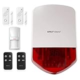 Wolf Guard LB-01A 110dB Standalone Sirene Basic Security Alarmanlage für Kabine/Carport/Baustelle/Schuppen/Veranda, mit Schlüsselanhänger-Fernbedienungen und Bewegungsmelder