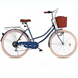 LSQXSS 26-Zoll-Strand- und City-Cruiser-Fahrrad für Damen,6-Gang-Hybridfahrrad,Stadtfahrrad für Junge Mädchen,Pendlerfahrrad mit Scheinwerfer und Rücklicht,Vorderkorb aus Rattan-Imitat